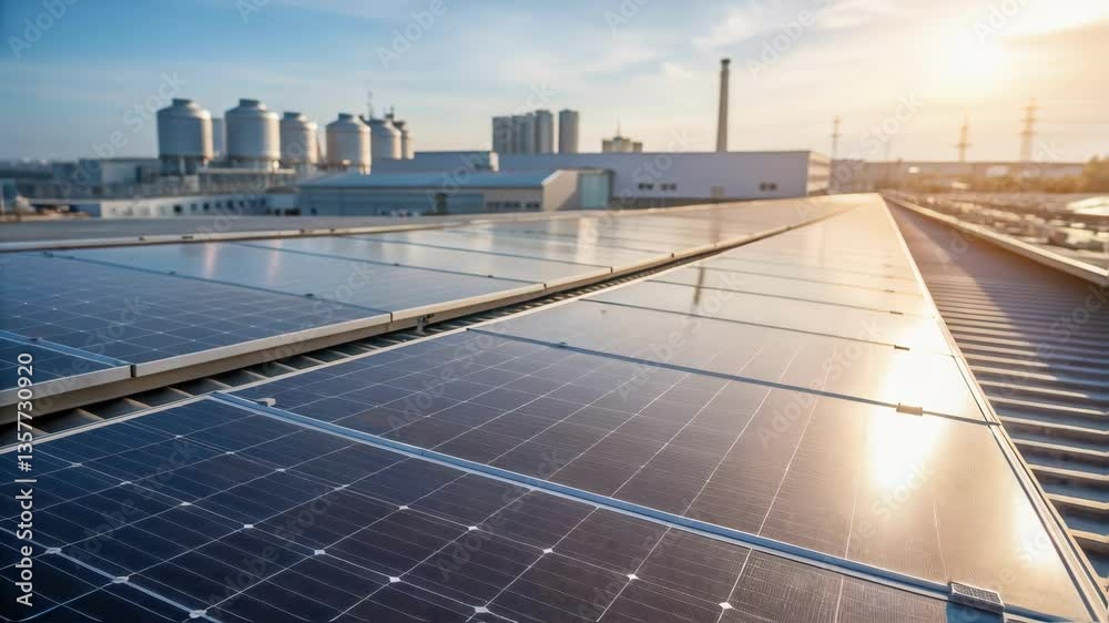 Aufkleber closeup of a solar panel array situated on the roof of a large factory building glistening under the