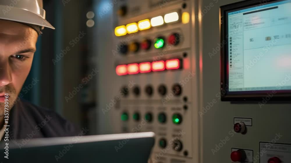 Poster closeup of a technicians face illuminated by the bright lights of the pumps control panel concentrat
