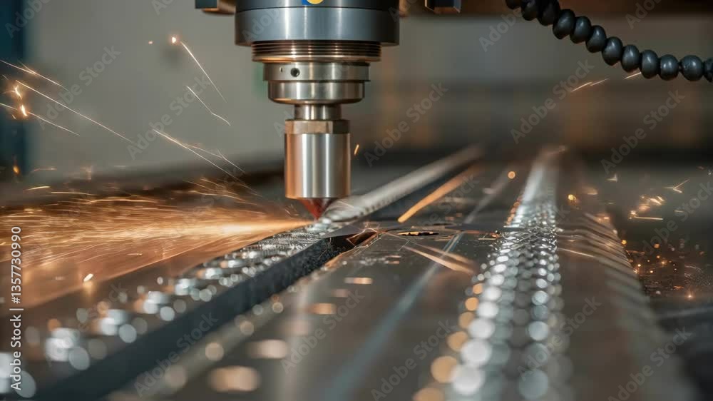 Aufkleber closeup of a ting tool slicing through a steel coil with shavings and sparks flying capturing the in