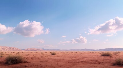 A serene desert landscape featuring reddish soil, sparse vegetation, and a clear blue sky dotted with fluffy clouds.