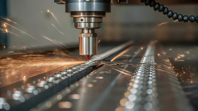 Closeup of a ting tool slicing through a steel coil with shavings and sparks flying capturing the intensity of the manufacturing environment.