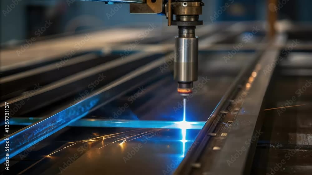 Poster closeup of a welding torch ignited with a bright blue flame reflecting in the nearby machinery symbo
