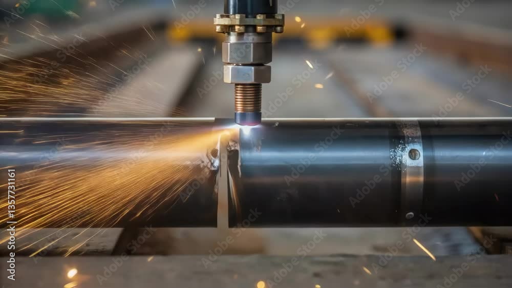 Aufkleber closeup of a welding torch in action with sparks flying near a freshly welded section of the pipelin