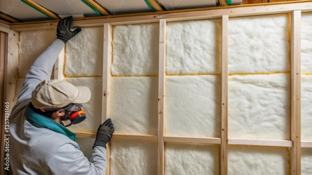 Aufkleber closeup of a worker applying insulation to the interior walls of a modular office unit focusing on t