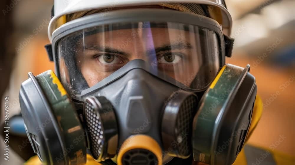 Poster closeup of a workers face partially obscured by a safety mask reflecting determination as they prepa