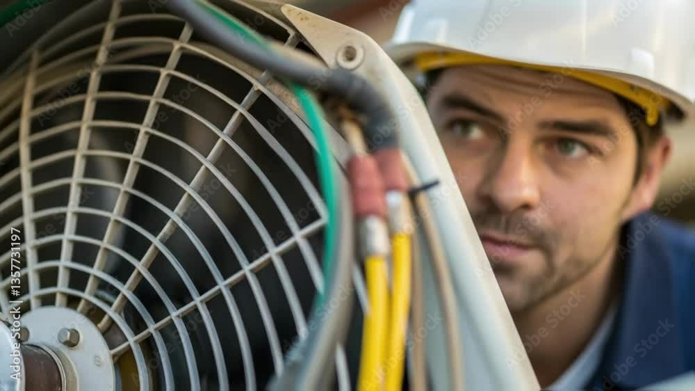 Poster closeup of a workers face in concentration as the person attaches electrical connections to a ventil