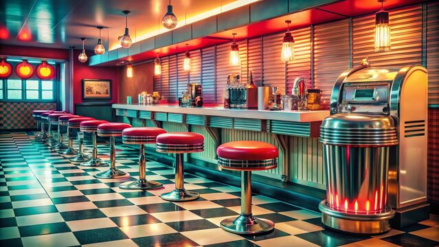 Retro 1950s Diner Background: Vintage Americana Style Stock Photo