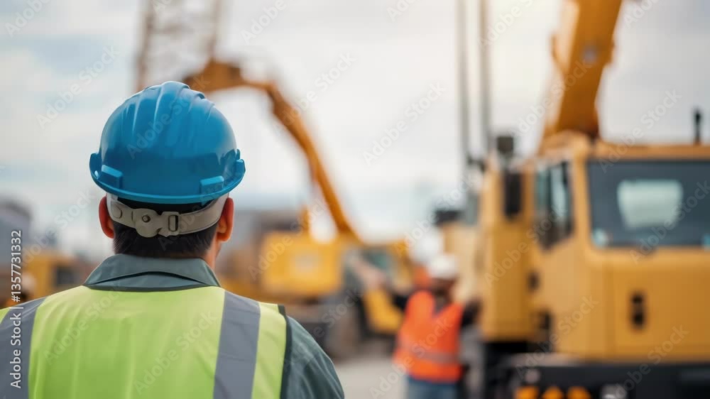 Poster Closeup of a worker signaling the mobile crane operator captured midaction emphasizing communication and teamwork on the construction site.