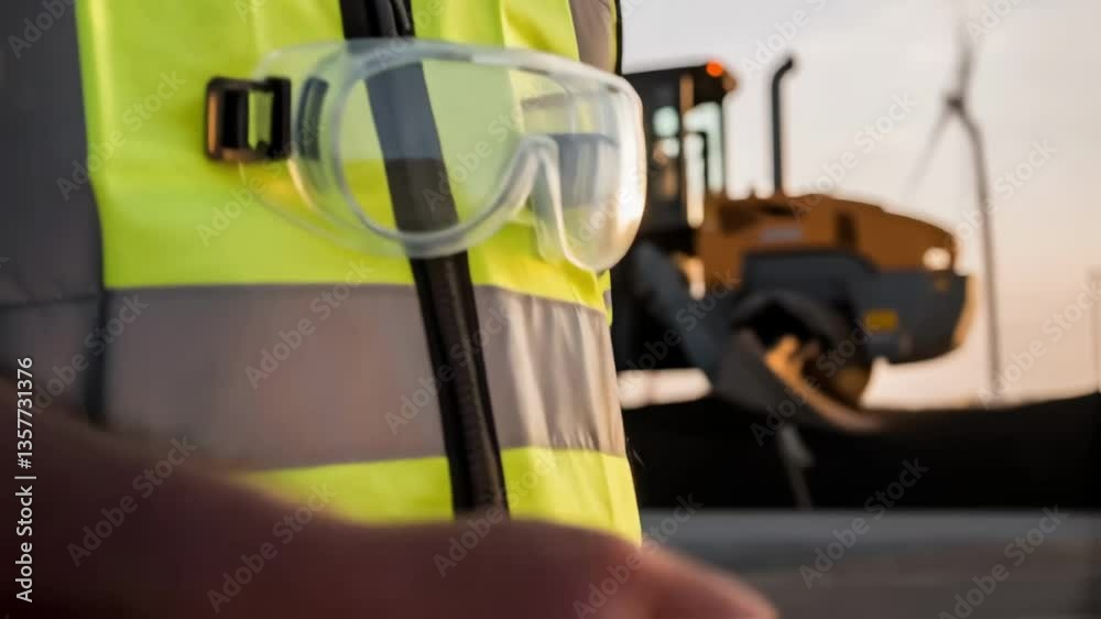 Poster closeup of a workers reflective vest and safety goggles with the steamrollers silhouette in the back
