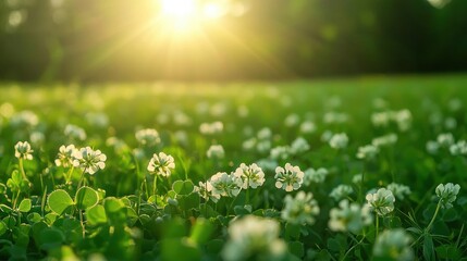 Fototapeta premium A sunlit field covered with vibrant green grass and delicate white flowers, creating a serene and tranquil atmosphere.
