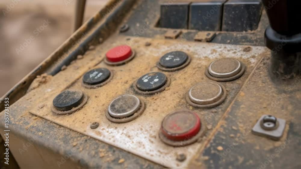 Poster Closeup of control buttons on a drilling console covered with mineral deposits illustrating the environmental impact and the importance of regular cleaning.