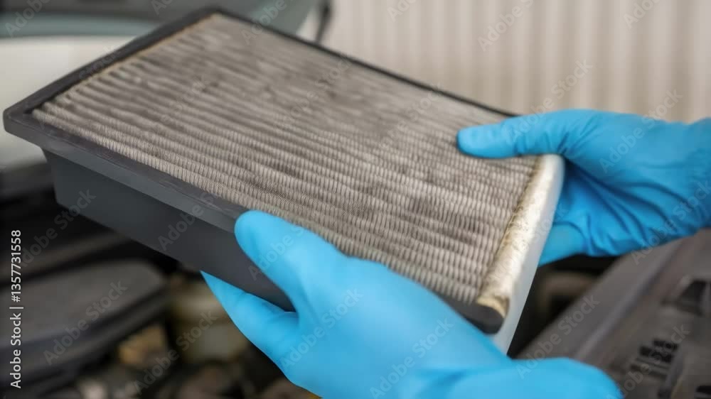 Poster closeup of a worn air filter being removed from an industrial compressor showing the accumulation of