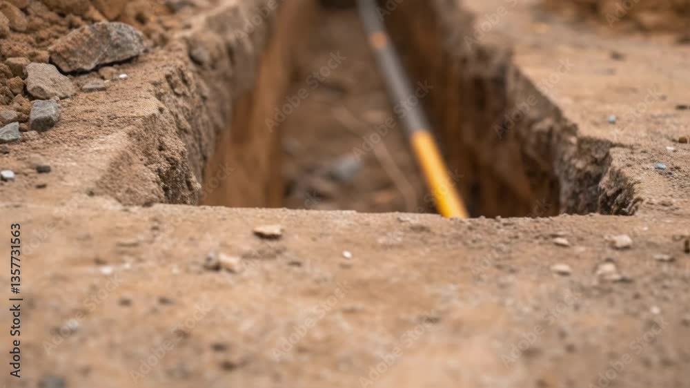Poster closeup of dirt and debris on the edges of a fresh conduit trench where workers have recently cleare