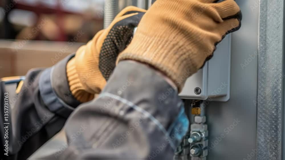 Poster closeup of hands installing a safety cover on an electrical junction box emphasizing the contrasting