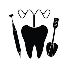 Set of dental tools with various instruments in metal including knife, fork, spoon, scissors, and sharp objects for medical and hygiene care, isolated on white background.