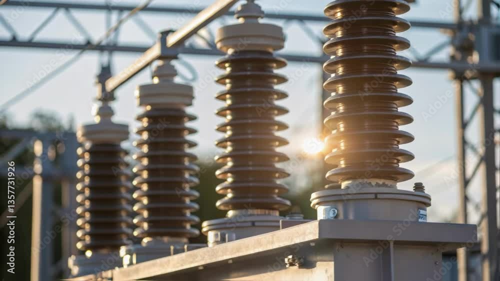 Poster closeup of highvoltage insulators mounted on metallic structures with sunlight glinting off their su