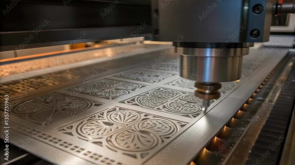 Poster Closeup of intricate ting work on a CNC machine with patterns carved into a metal sheet showcasing advanced technology used in modern kitchen fabrication.