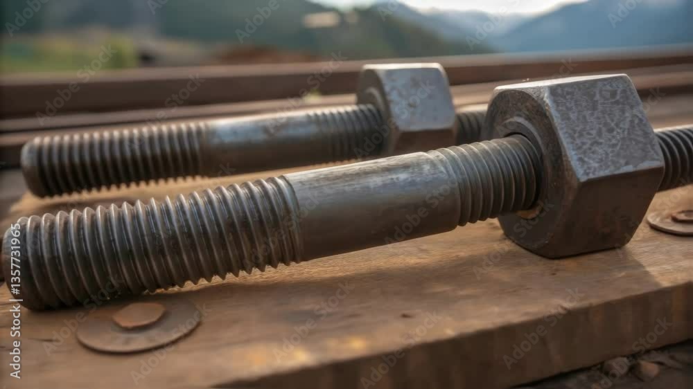 Poster closeup of large bolts and plates laid out on a wooden platform the rugged surface underneath showca