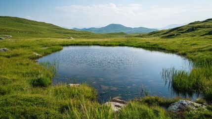Fototapeta premium A serene landscape featuring a tranquil pond surrounded by lush green grass and distant mountains under a clear blue sky.
