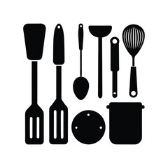 Set of kitchen utensils and tools icons in vector style for cooking and food preparation.