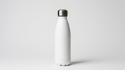Minimalist white thermos bottle on light background with copy space