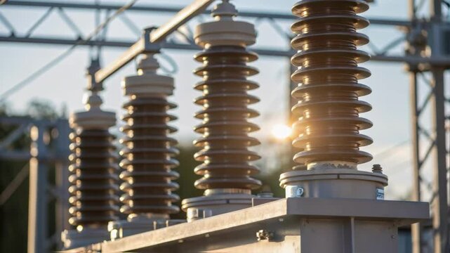 Closeup of highvoltage insulators mounted on metallic structures with sunlight glinting off their surfaces illustrating the importance of safe energy transmission.