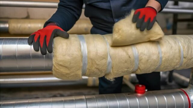 Closeup of industrialgrade lagging being wrapped around boiler pipes showcasing the insulation work essential for energy efficiency.