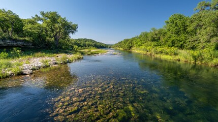 Obraz premium A serene river flows through lush greenery under a clear blue sky, showcasing a tranquil natural landscape.
