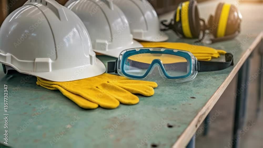 Poster closeup of safety equipment including helmets goggles and gloves neatly arranged on a table indicati