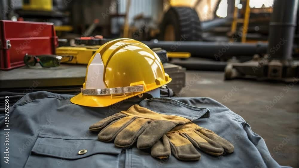 Poster closeup of safety gear a reflective helmet and protective gloves resting on a folded work shirt with