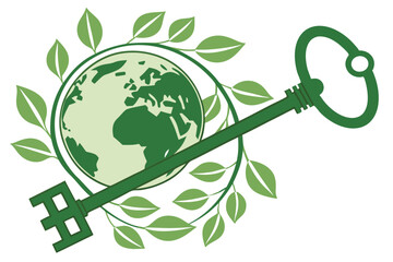 42 Earth globe, green leaves texture, key shape, sustainability concept, environmental conservation, global ecology, circular economy, white background, symbolic imagery, creative design, 3D rendering