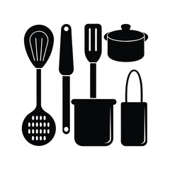 Set of kitchen utensils and tools icons in vector style for cooking and food preparation.
