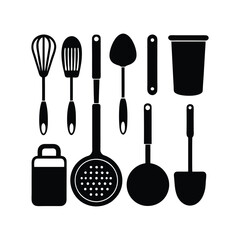 Set of kitchen utensils and tools icons in vector style for cooking and food preparation.