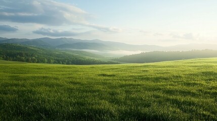 Obraz premium A serene landscape featuring lush green fields and distant mountains under a clear sky, evoking a sense of tranquility and natural beauty.