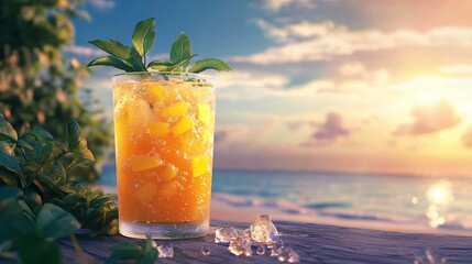 A refreshing tropical drink with mint leaves sits on the beach