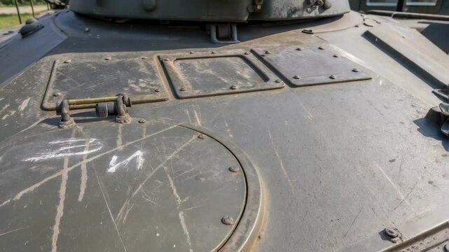 Closeup of physical wear on a tanks access hatch with scratches and signs of previous maintenance emphasizing the ongoing need for inspections and repairs.