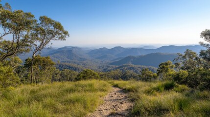 Fototapeta premium A serene landscape showcasing rolling mountains and lush greenery under a clear blue sky, inviting exploration and connection with nature.