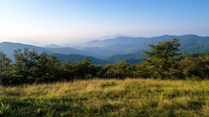Naklejka premium A serene mountain landscape featuring rolling hills, lush greenery, and a clear blue sky, creating a peaceful natural setting.