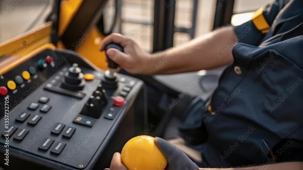 Aufkleber Closeup of the control panel on a piece of compaction equipment showing a maze of buttons and levers with the operators hands engaged in maneuvering the machine.
