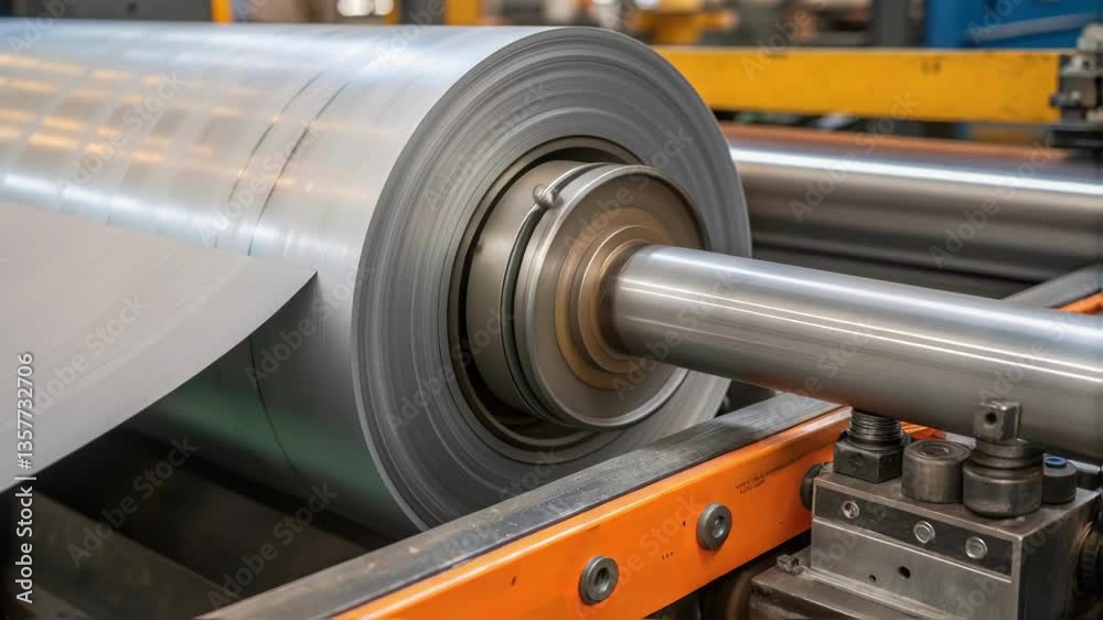 Poster Closeup of the edge of a steel coil being fed into a processing machine showing details of the machinerys rollers and guide mechanisms.