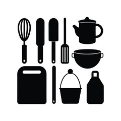 Set of kitchen utensils and tools icons in vector style for cooking and food preparation.