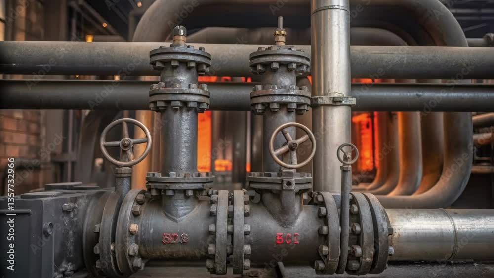 Poster Closeup of thick reinforced pipes and valves connected to the furnace highlighting the complexity and scale of the industrial setup.