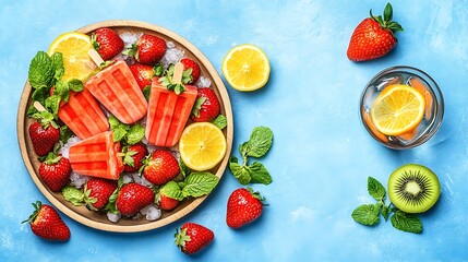 Naklejka premium Strawberry popsicles with lemon and mint on blue background.