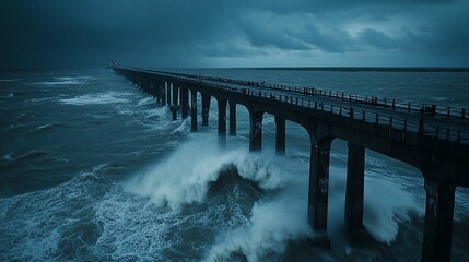 Obraz premium Stormy sea, powerful waves crashing against a bridge pier. Dark, dramatic clouds fill the sky