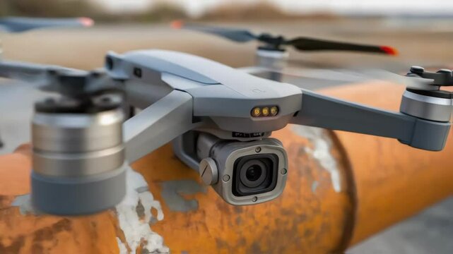 Closeup view of a drones camera focusing on a cracked section of a pipeline revealing the irregular texture and color variations of the corrosion.