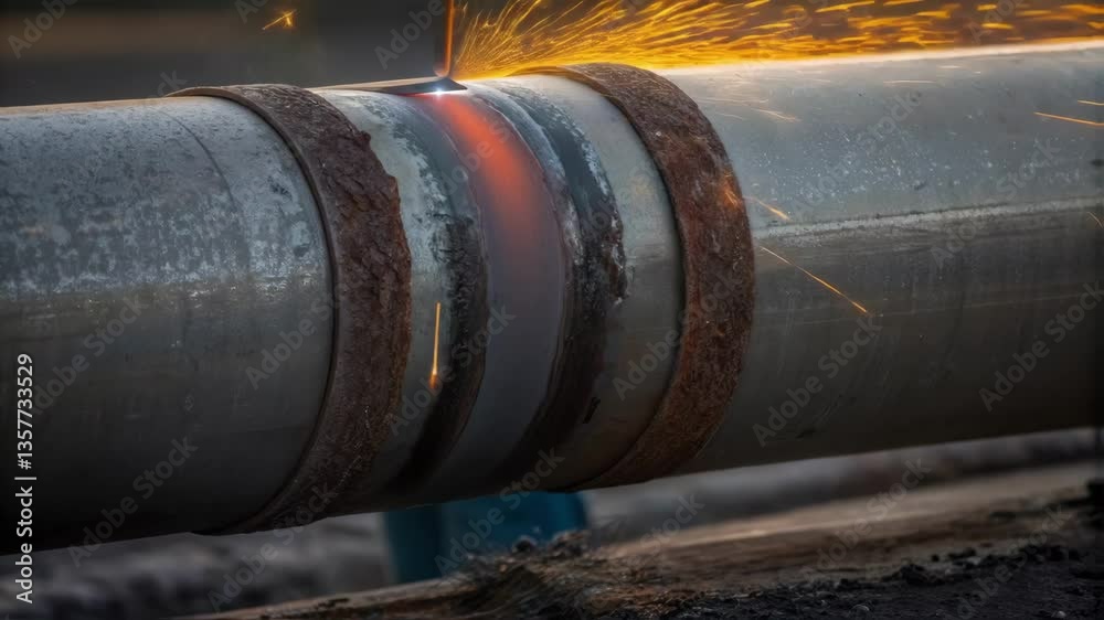Poster detailed image of a pipeline joint being welded with molten metal drizzling down the vibrant orange 