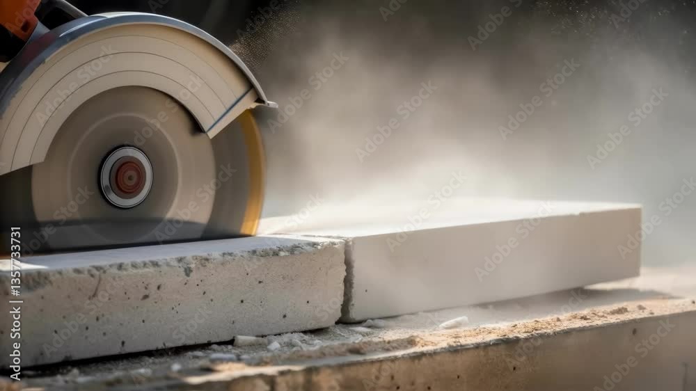 Poster Dust and Materials in Action A closeup capturing a cloud of dust as a concrete saw s through a precast piece emphasizing the dynamic and sometimes messy nature of construction