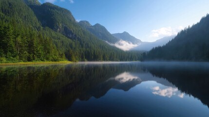 Fototapeta premium A serene landscape featuring a calm lake surrounded by lush forests and majestic mountains, reflecting the clear blue sky above.