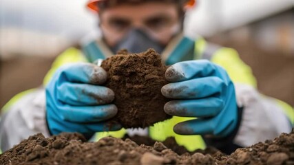 Environmental Concerns A closeup of a team member checking a soil sample for contamination wearing gloves and a mask highlighting the importance of environmental precautions during