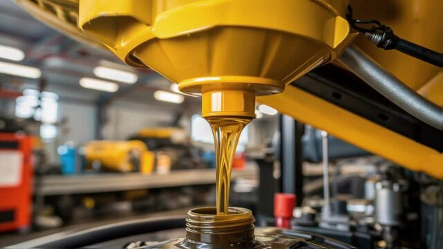 Detailed view of hydraulic fluid being poured into a system with droplets glistening and the viscosity apparent reflecting the importance of fluid quality in maintenance.